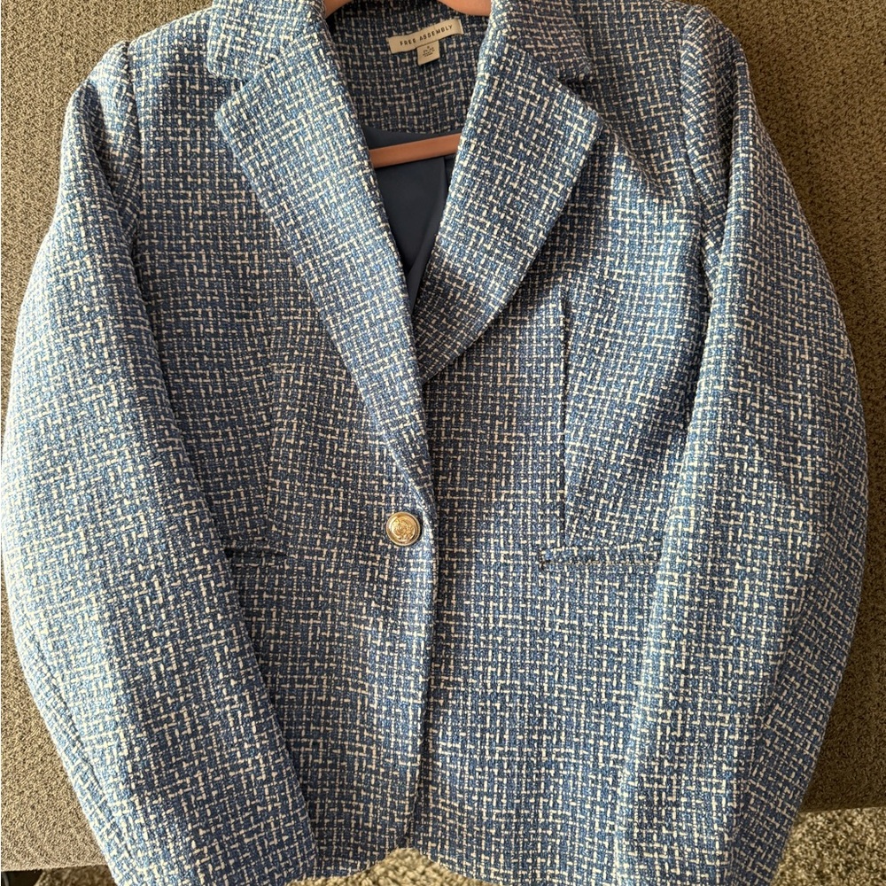 Women's Blue Tweed Single-Button Blazer Jacket